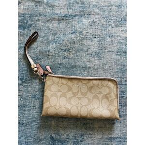 Coach Khaki / Saddle F53563 Signature Double Zip Wristlet